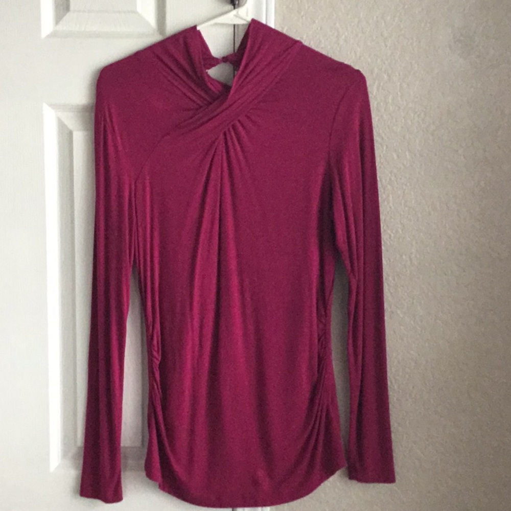 Berry colored, shirred cross neckline soft top